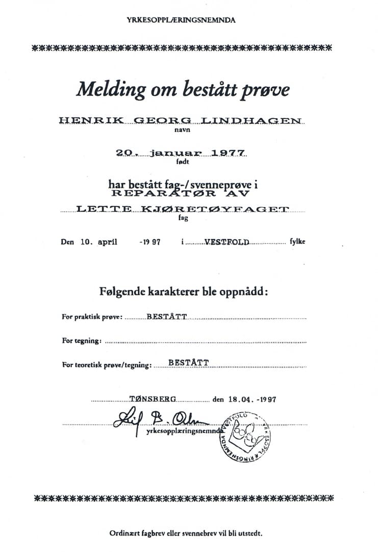 Offisielt dokument som viser bestått fagbrev som bilmekaniker for lette kjøretøy utstedt til Henrik Georg Lindhagen.